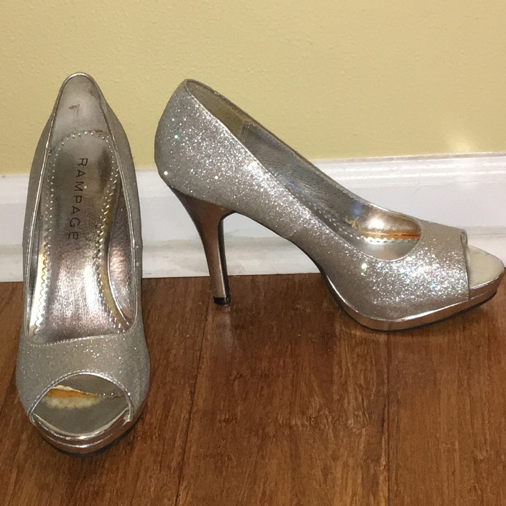 Rampage Silver Sparkly Open Toed Heels Sized 8